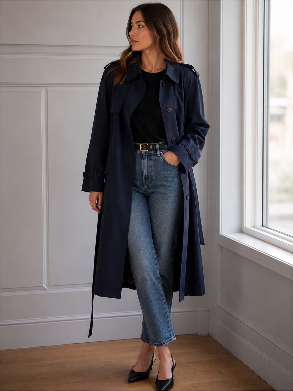 Vintage London Fog Trench Coat Navy Blue Classic Oversized Size S